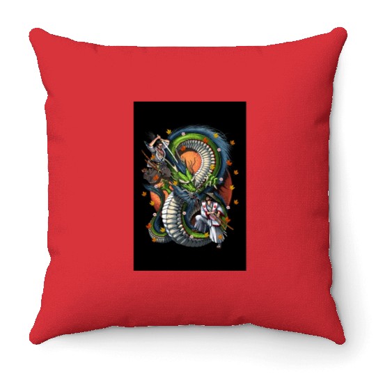 Japanese Dragon Samurai Warrior Battle Throw Pillows