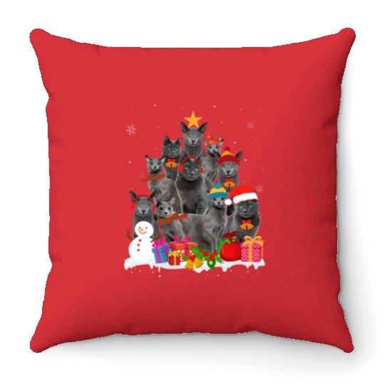 Funny Russian Blue Christmas Tree Pet Cat Lover Throw Pillows