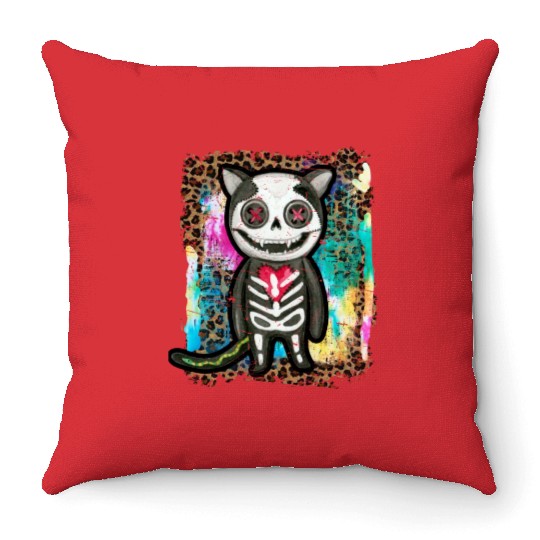 Halloween Zombie Skeleton Cat Tie Dye Throw Pillows