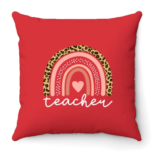 Boho Teacher Rainbow Leopard Teacher Appreciation Throw Pillows