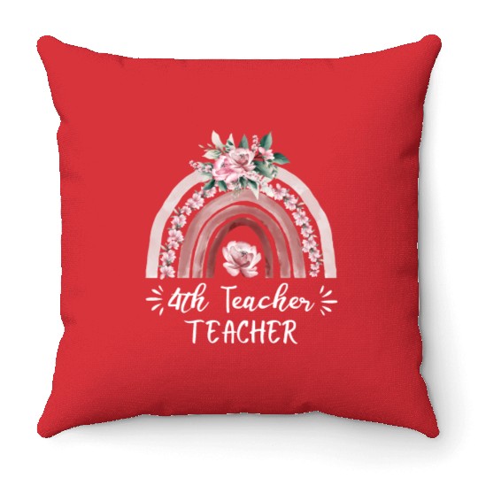 4th grade teacher floral rainbow back to school Throw Pillows