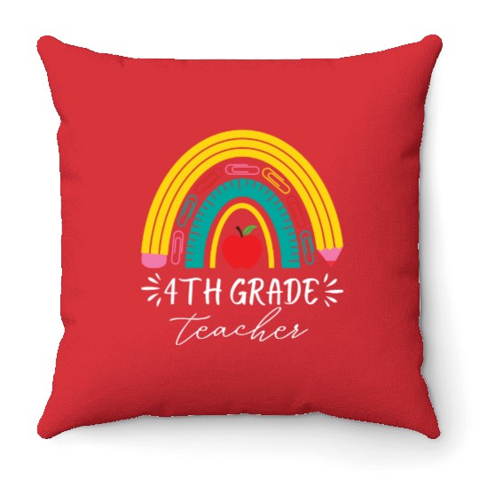 4th grade teacher back to school rainbow pencil Throw Pillows