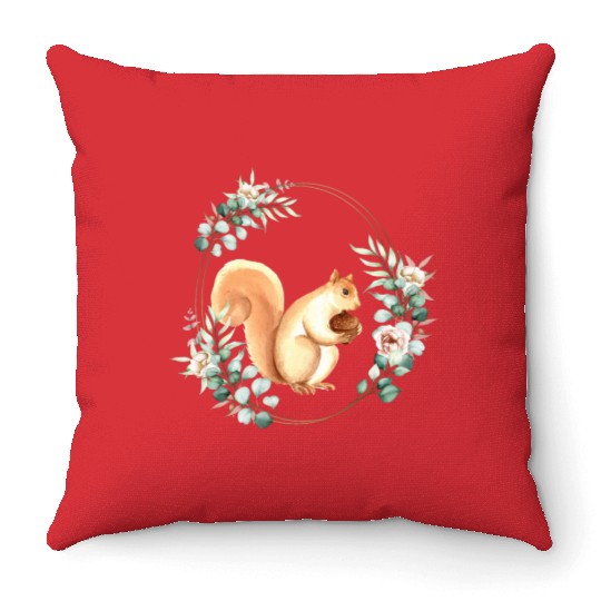 Squirrel Holding An Acorn in a Floral Gold Wreath Throw Pillows