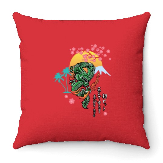 Dragon Sun Cherry Blossom | Japanese Culture Throw Pillows