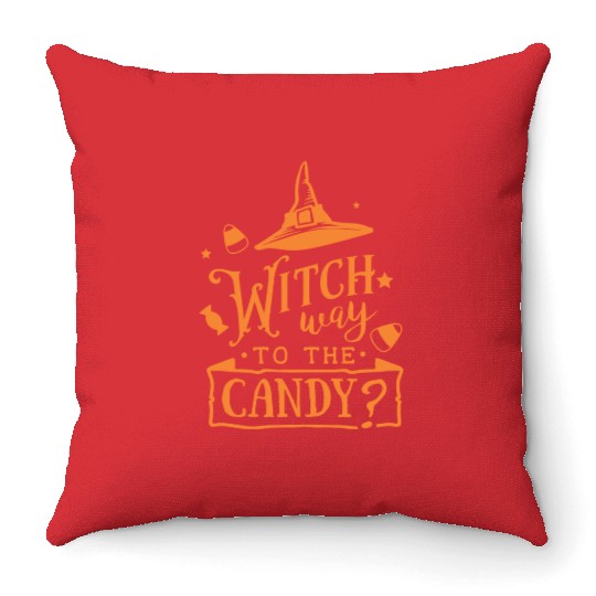 Witch Way To The Candy Hat Halloween Holiday Throw Pillows