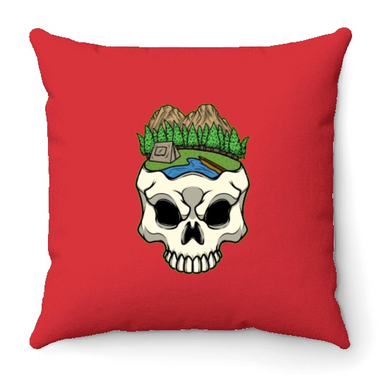 Skeleton Head Camp Campsite Camper Camping Throw Pillows