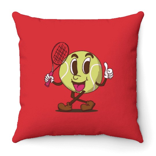 funky tennis ball walking cartoon face retro style Throw Pillows