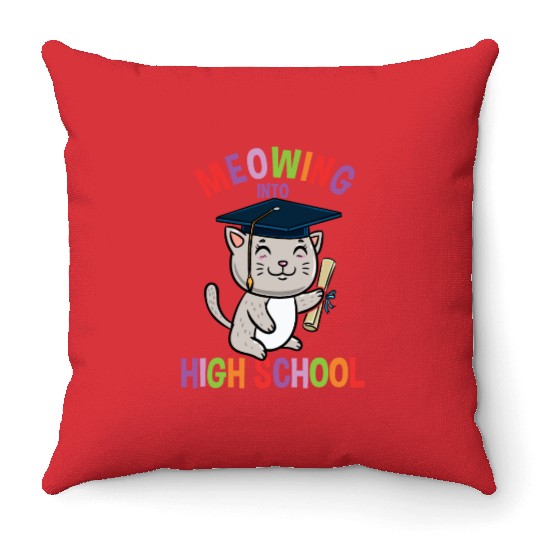 Moewing Into High School Cat Back To School Throw Pillows
