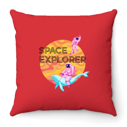 Space Explorer Two Astronauts and A Blue Whale Throw Pillows