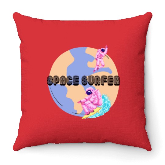 Space Surfer Two Astronauts and Planet Earth Throw Pillows
