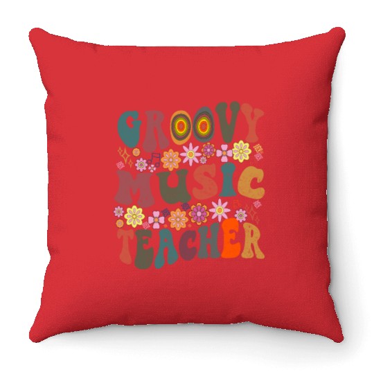 Groovy music teacher colorful retro Back To School Throw Pillows