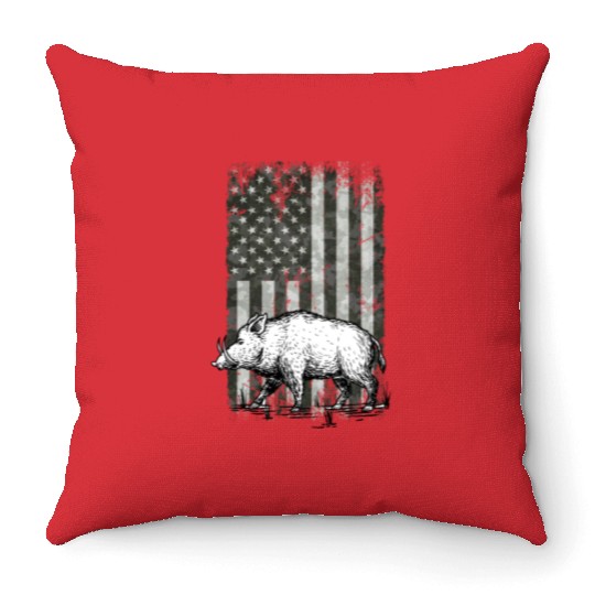 Patriotic Wild Boar Hunting Season For Hog Throw Pillows