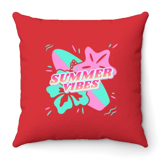Summer Vibes - Beach, surf, hibiscus and starfish Throw Pillows