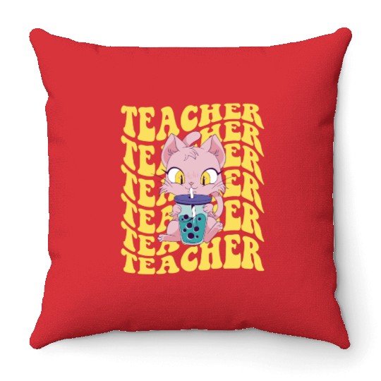 Boba Tea Teacher Retro Groovy Back To School Throw Pillows