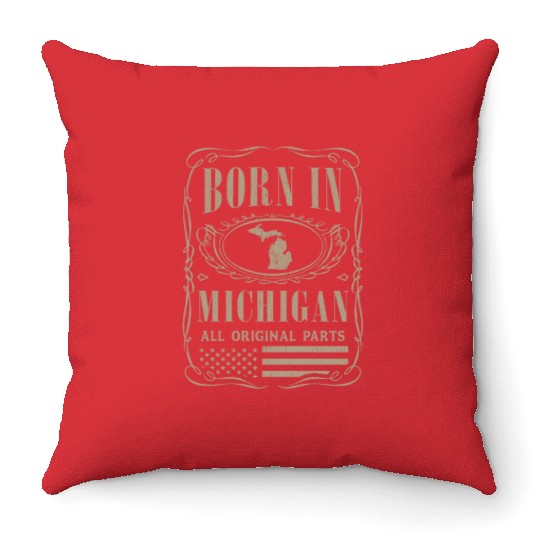 Vintage America US States Born Michigan Throw Pillows