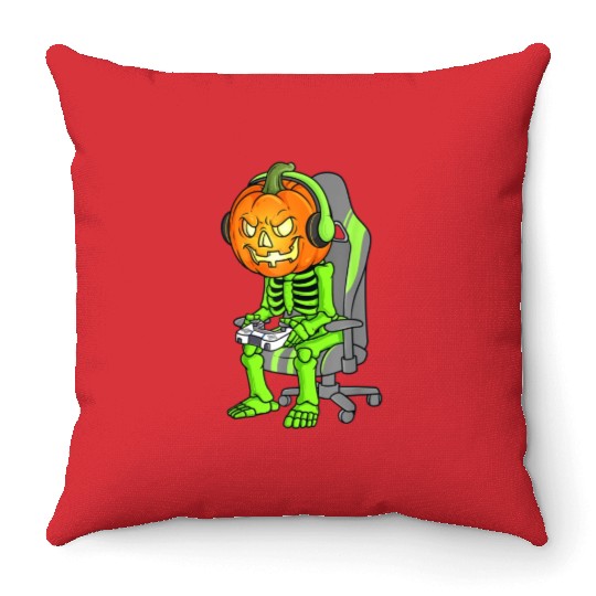 Gaming Halloween Skeleton Jack O Lantern Gamer Boy Throw Pillows