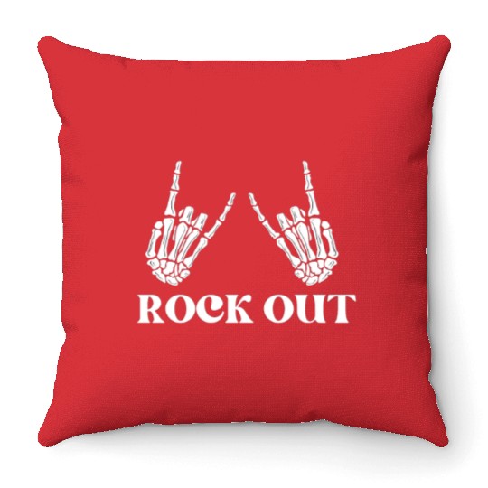 rock and roll rock out skeleton hand peace sign Throw Pillows
