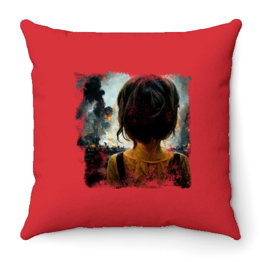 Kid in war looking at explosion 2 AI painting Throw Pillows
