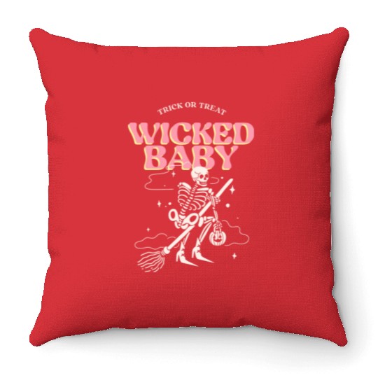 halloween trick or treat skeleton Throw Pillows
