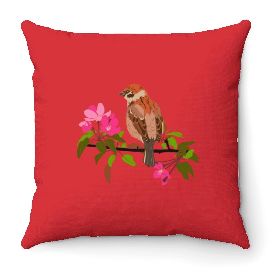 Sparrow on a branch pink flowers of an apple tree Throw Pillows