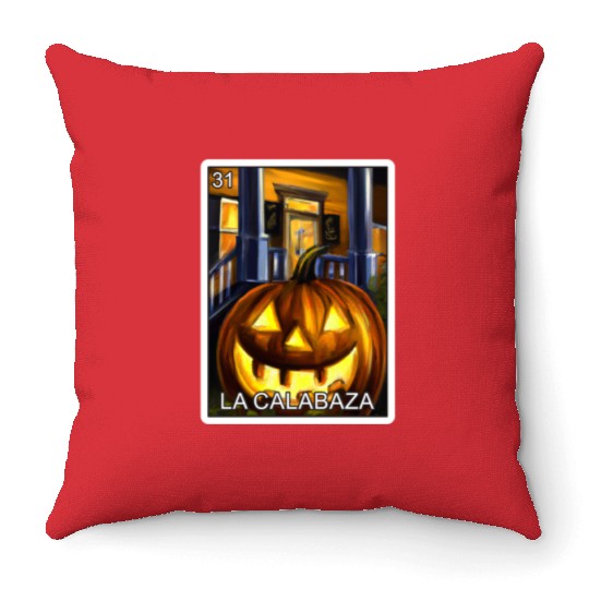La Calabaza Pumpkin Card Mexican Lottery Card Throw Pillows