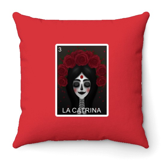 La Catrina Card Day Of Dead Mexican Lottery Card Throw Pillows