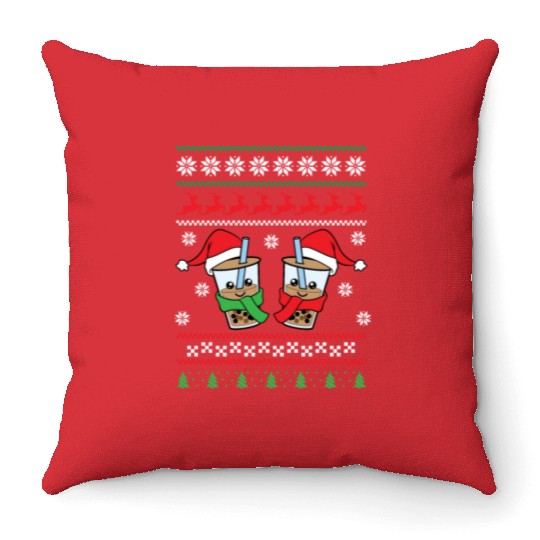 Christmas Bubble Boba Tea Winter Xmas Holiday Throw Pillows