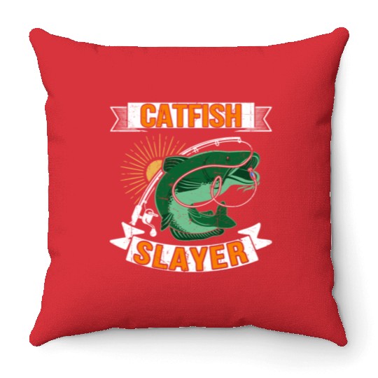 Catfish Slayer - Wels Catfish Hunter Throw Pillows