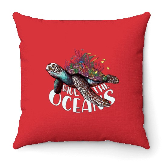 Save The Ocean Sea Turtle Reefs Cartoon Throw Pillows