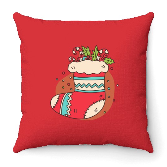 christmas sock with candy canes Throw Pillows