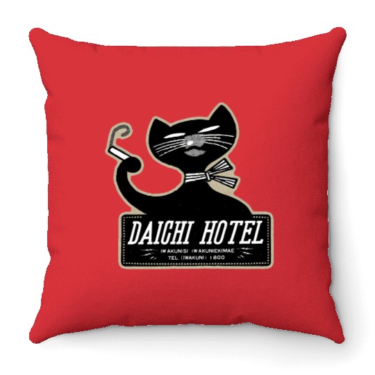 Vintage Japanese Cat Brand Hotel Throw Pillows
