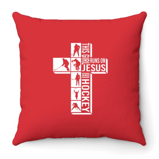 This Girl Runs On Jesus And Hockey Funny Throw Pillows