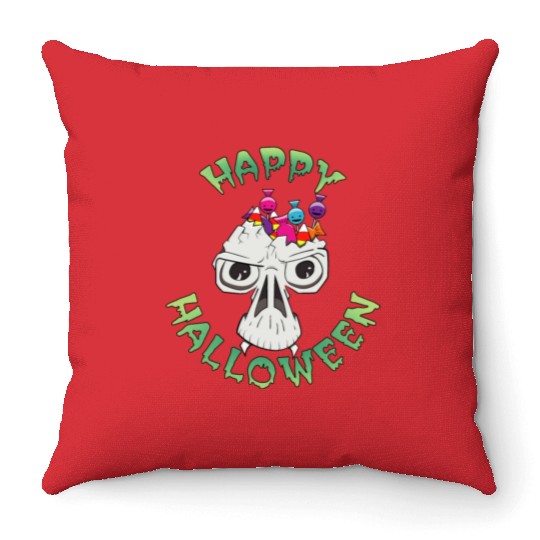 Candy Skull Happy Halloween Cartoon Throw Pillows