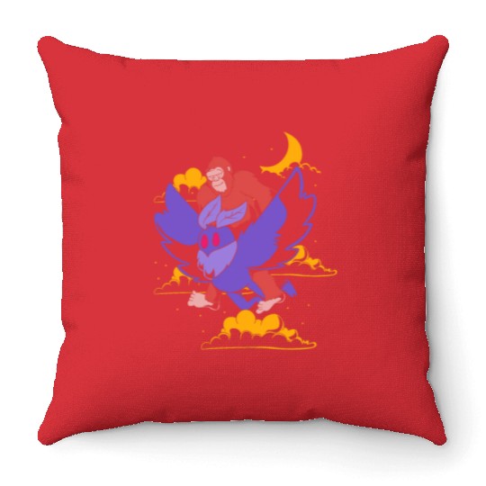 Bigfoot Riding Mothman Funny Cryptozoology Throw Pillows