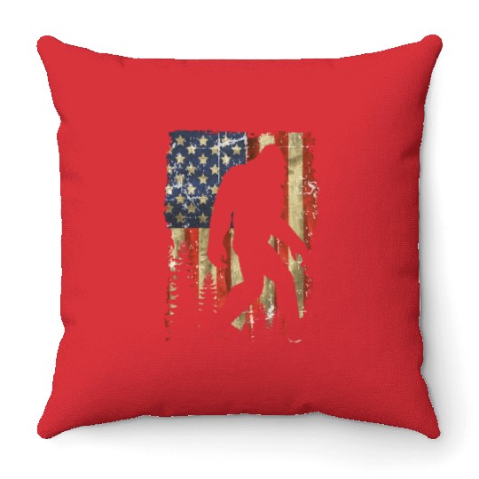 Bigfoot Believe Sasquatch American Flag Silhouette Throw Pillows