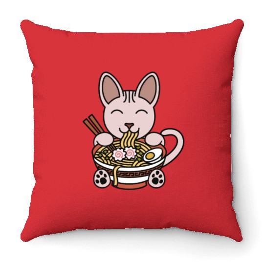 Sphynx Cat Ramen Noodles Throw Pillows
