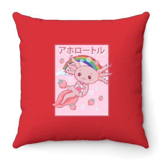 Kawaii Axolotl Strawberry Milk Throw Pillows