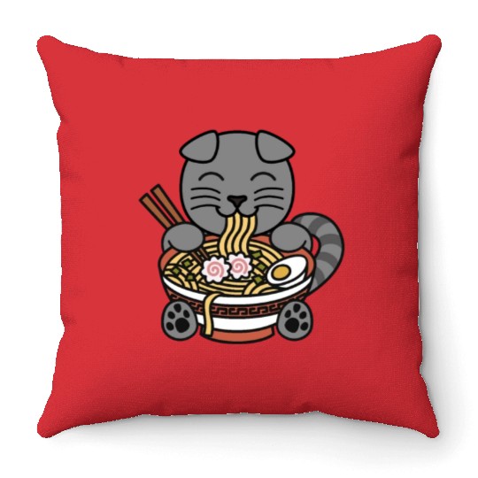Scottish Fold Cat Ramen Noodles Throw Pillows