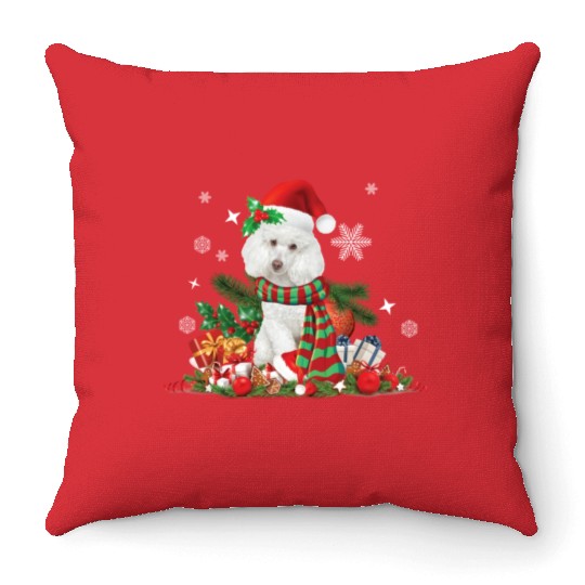 Christmas white Poodle Santa Claus Hat Throw Pillows