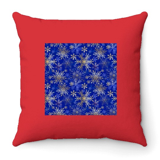 Snowflakes Pattern Blue Gold Throw Pillows