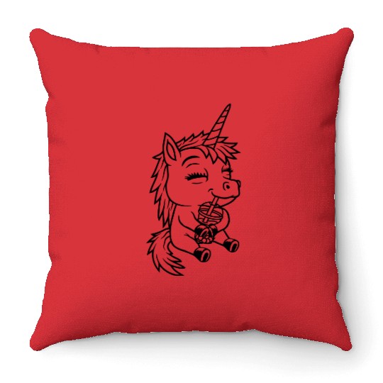 unicorn drinking boba tea Throw Pillows