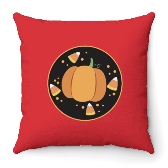 Pumkpin on a circle with candy corn Throw Pillows
