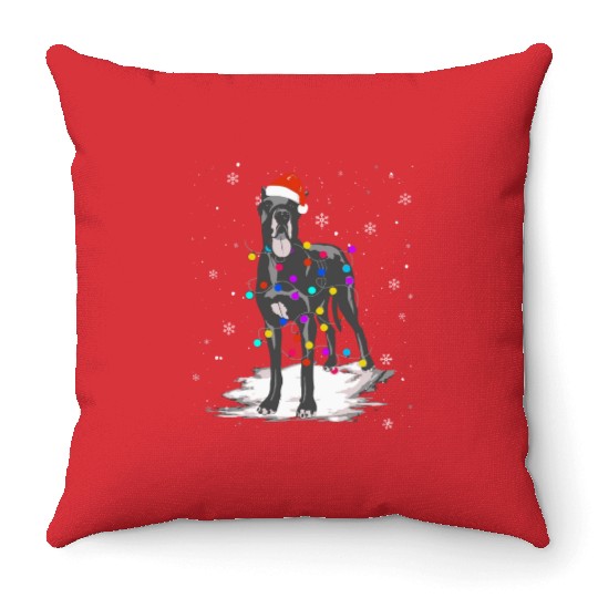 Great Dane With Christmas Lights Santa Throw Pillows