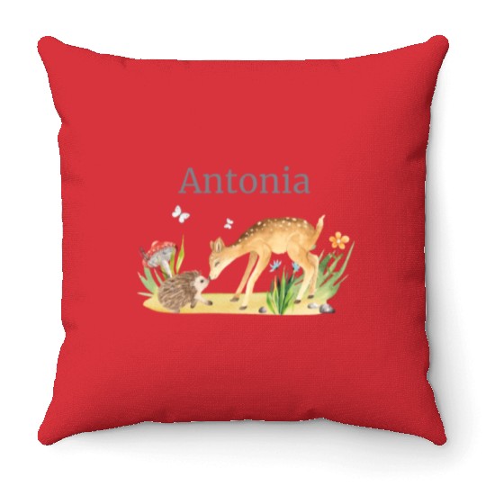 Forest Animal Deer Hedgehog Flowers Name Antonia Throw Pillows