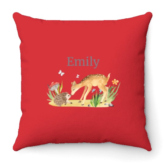 Forest Animal Deer Hedgehog Flowers Name Emily Throw Pillows