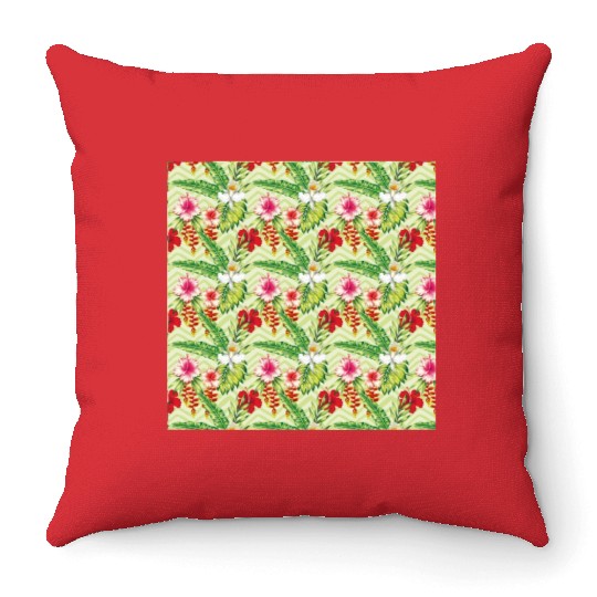 Illustration hibiscus palm leaves Throw Pillows