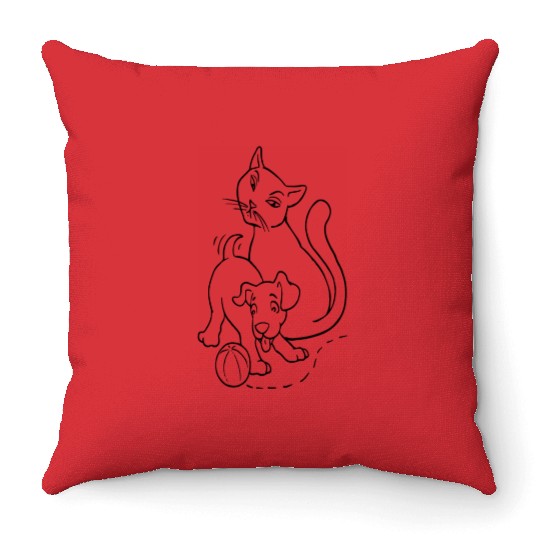 Cat And Dog Brown one Throw Pillows