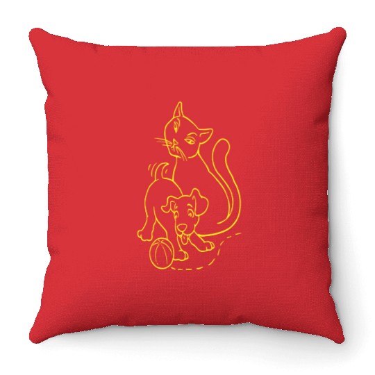 Cat And Dog Yellow Throw Pillows
