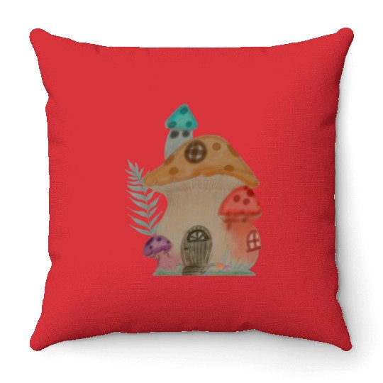 Mushroom house Throw Pillows