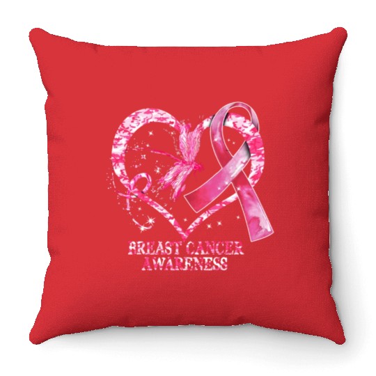 In October We Wear Pink Breast Cancer Dragonfly Throw Pillows